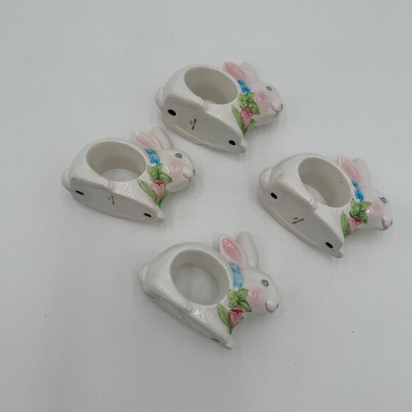 VTG White Easter Bunny Rabbit Napkin Rings Holders Set of 4 springtime white - Picture 4 of 7